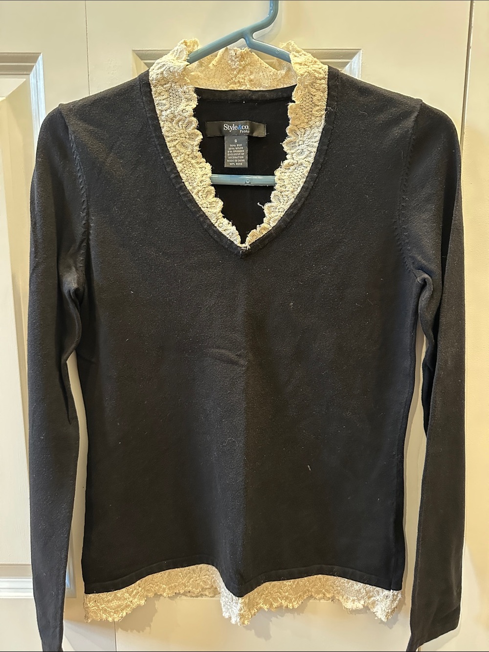 Style & Co Black V-Neck Long Sleeve Top with Cream Lace